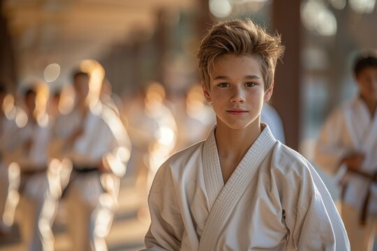 A sporty boy in a karate kimono training martial arts, displaying discipline and strength.