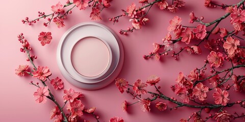 A display of organic pink moisturizing cream surrounded by tender floral blossoms.