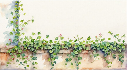 Green leave vinse covered the wall with blank space, watercolor painting style, generative AI.