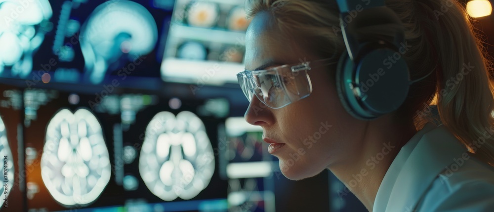 Aufkleber over the shoulder shot of female medical scientist working with brain scan images on a computer in l