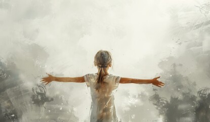 A little girl stands with her arms outstretched, facing the sky. The background is white and foggy. The painting is done in the style of watercolor.
