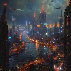 Fototapeta premium Futuristic Metropolis with Towering Skyscrapers Holographic Billboards and Flying Cars in a Inspired Neon Lit Cityscape