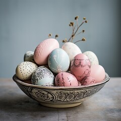 illustration of hand decorated easter eggs in a bowl on a table pain, Generative ai