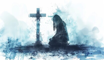 watercolor, woman kneeling in front of cross, white background, misty blue and gray colors with soft lighting, clipart style, 
