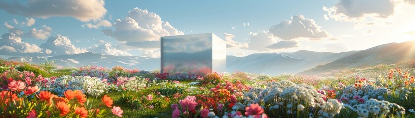 A field of flowers with a large silver cube in the middle