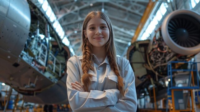 female avionics technician intern stands