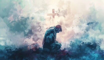 A man kneeling in prayer with the cross above his head, white clouds and light background, in the watercolor style, using pastel colors, creating a peaceful atmosphere, with detailed illustration