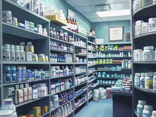Shelves stocked with medicine in a tidy pharmacy