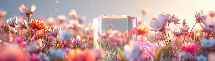 A field of flowers with a clear cube in the middle