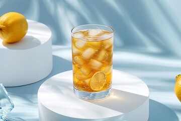 Iced tea with lemon in highball on white podium and blue table. Refreshing lemonade, ice tea. Summer drink, sunshine. generative ai.