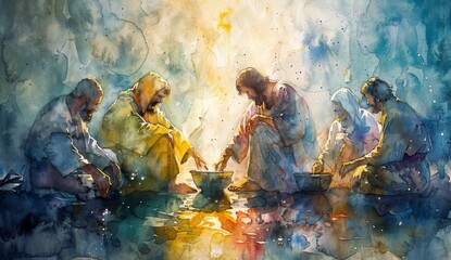Watercolor art depicting Jesus washing the feet of his disciples, with soft and ethereal colors creating a serene atmosphere lit with gentle lighting.