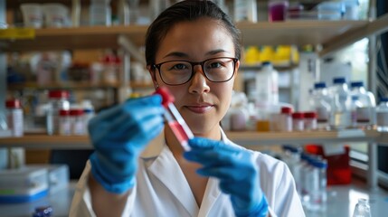 female scientist holds small blood