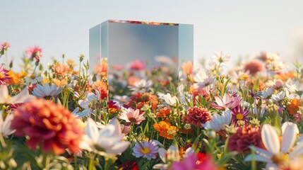 A field of flowers with a large, clear, rectangular prism in the middle