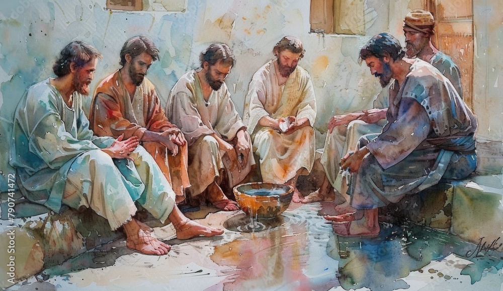 Wall mural watercolor art depicting jesus humbly washing the feet of his disciples, symbolizing love and servic