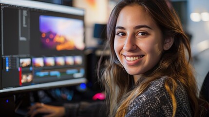 Graphic design student retouching a photo using a computer at the university and looking at the camera smiling