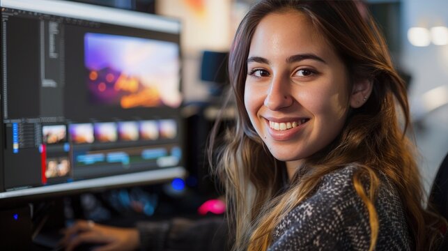 Graphic design student retouching a photo using a computer at the university and looking at the camera smiling