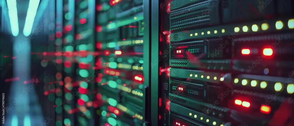 Poster rows of rack servers are connected with lan connections visible in this image of a working data cent