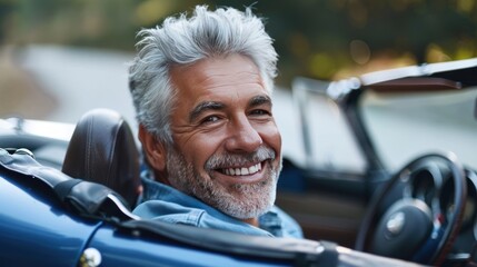 An older man sits smiling in a convertible.