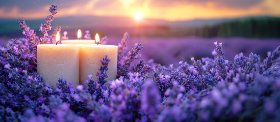Banner, lavender flowers and burning candles against the backdrop of a lavender field at sunset. Lavender for making aromas, perfumes, soothing incense.