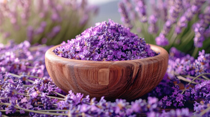 Picked lavender flowers stand on the table against the backdrop of a lavender field. Lavender for making aromatic oils, perfumes, soothing incense.