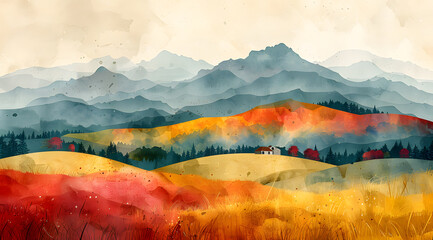 Abstract Altitudes: Watercolor Mountainscapes Reimagined with Cubist AR Feature - obrazy, fototapety, plakaty