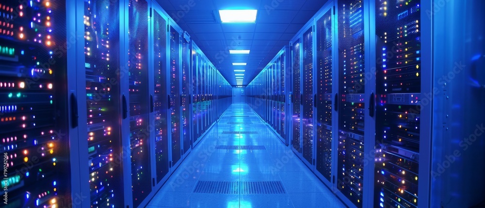 Poster working data center corridor with rack servers and supercomputers and high internet visualization.