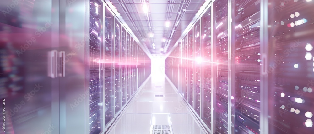 Poster typical data center corridor with rack servers and supercomputers with high speed internet visualiza