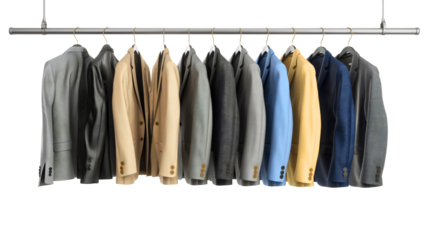 Men's suit jackets hanging on the wooden clothes hanger in the wardrobe closet. Formal business wear, fashionable and classic male apparel collection transparent background