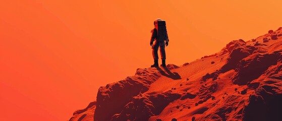 Astronaut Standing on the Rocky Mountains of the Alien Red Planet/Mars. First Manned Mission to Mars. Space Exploration, Colonization.