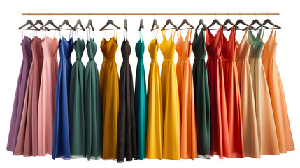Rack row of long female dresses in various colors hanging on wooden clothes hanger in wardrobe closet. Vintage aesthetic woman garments, beautiful feminine collection, transparent background