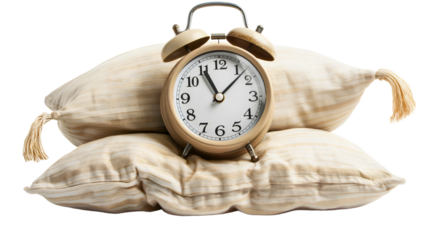 Retro classic vintage alarm clock on pillows isolated on transparent background. Morning awake time object, reminder to wake up