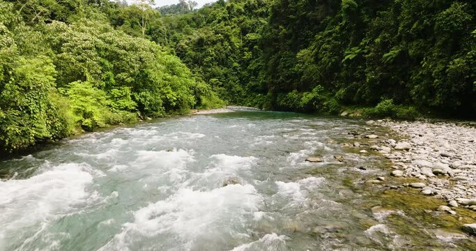 Aerial drone of river in the jungle with tropical vegetation. Sumatra. Bukit Lawang. Indonesia.