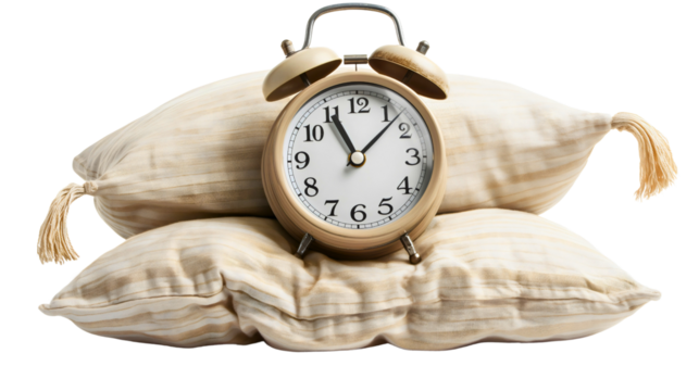 Retro classic vintage alarm clock on pillows isolated on transparent background. Morning awake time object, reminder to wake up
