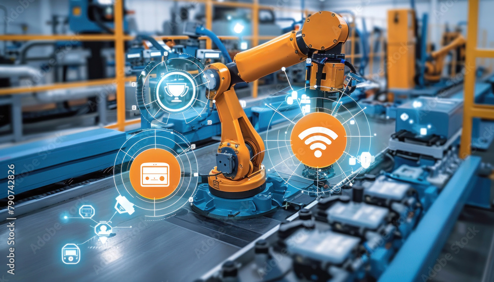 Aufkleber robotic arm on conveyor belt in factory is working efficiently