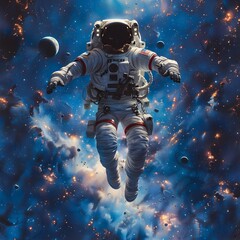 Fototapeta premium Lone Astronaut Floating in the Boundless Expanse of the Cosmos the Earth Suspended as a Breathtaking Blue Marble Against the Infinite Cosmic Canvas