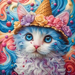 Whimsical Kawaii Cat Wearing Waffle Cone Hat Surrounded by Swirls of Colorful Ice Cream in Detailed Style