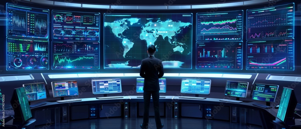 Poster technical operator monitors various activities on multiple displays with graphics in the system cont