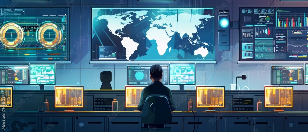 Poster in the system control room, project managers and it engineers speak in front of a wall of graphics-l