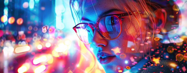 Digital art of a young woman with glasses in a vibrant futuristic city, featuring colorful lights, - obrazy, fototapety, plakaty
