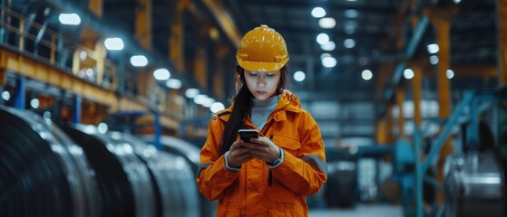 Fototapeta premium An industrial worker in a hardhat uses a cell phone while walking through a heavy industry manufacturing factory. Metalwork project parts lay in the background.