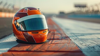 Glossy racing helmet at the starting line of a racetrack