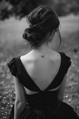Attractive girl in deep neckline dress sitting on park grass, back view, outdoor fashion concept