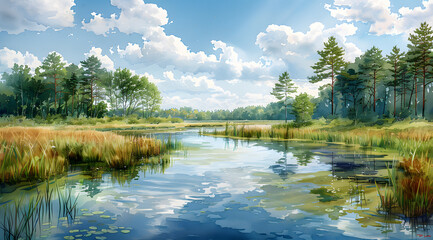 Wetland Revival: AR-Integrated Watercolor Painting Chronicles Ecosystem Rehabilitation - obrazy, fototapety, plakaty