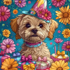 Adorable Flower Dog Wearing Birthday Hat Surrounded by Colorful Gifts and Festive Cake in Whimsical