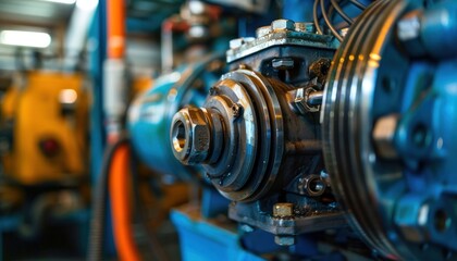 Close up of an electric blue engine in an automotive factory