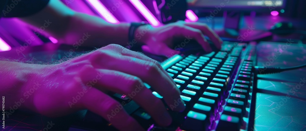 Poster gaming hands on a keyboard, actively pressing buttons and playing mmo games online. the background i