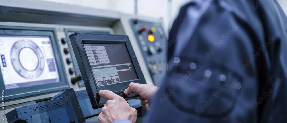 Poster with the use of a tablet computer, a factory worker programs a cnc milling machine.