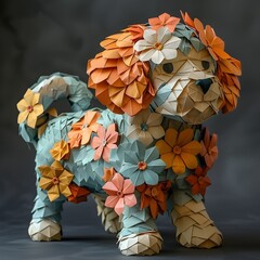 Whimsical Origami Flower Dog Sculpture with Cake Inspired Accessories Showcasing Intricate Floral Patterns and Geometric Beauty