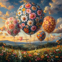 Whimsical Floral Balloons Floating in a Serene Meadow Landscape with Vibrant Colors and Intricate Patterns