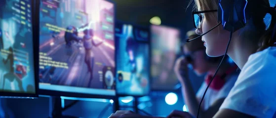 Foto op Plexiglas Gaming Girl Engages in Online Cyber Games Tournament, Plays at Home, or in Internet Cafe. She Wears Gaming Headset. © Антон Сальников